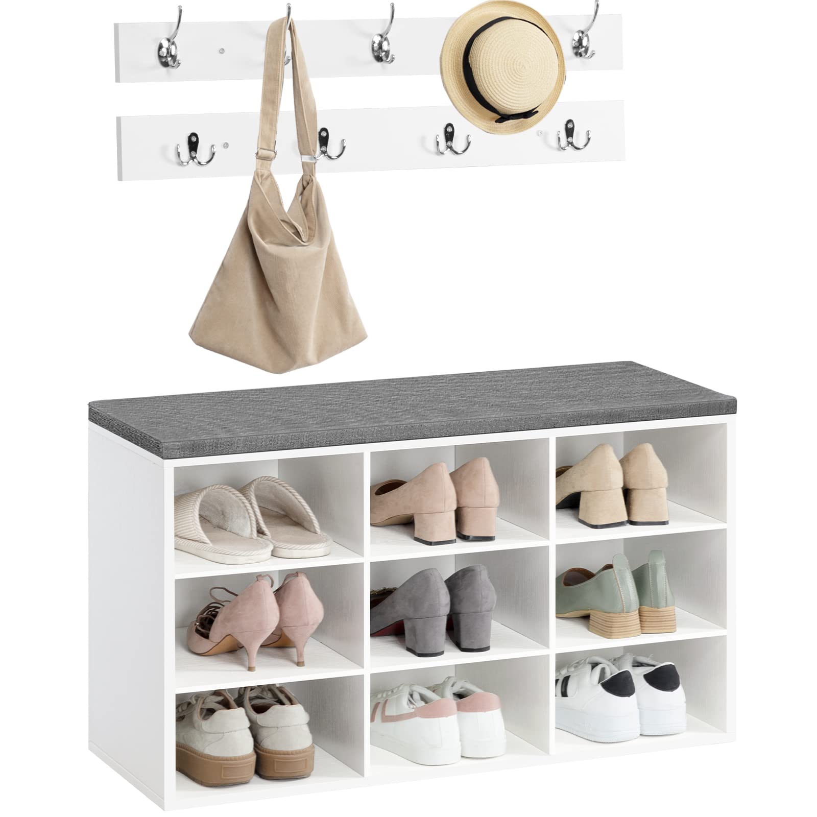 HOOBRO Garderobe Schuhregal Set, Schuhbank mit 9 F Cher, Schuhregal mit gepolsterter Sitzbank, Wandgarderobe mit 9 Haken, Schuhschrank f r Flur, Eingangsbereich, Schlafzimmer wei EWT89HX01