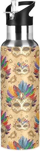 BPA-Free Sport Water Bottle Insulated 32 Oz, Insulated Stainless Steel Water Bottle with Straw for Gym Outdoor Travel School, Mardi Gras Masks Gold