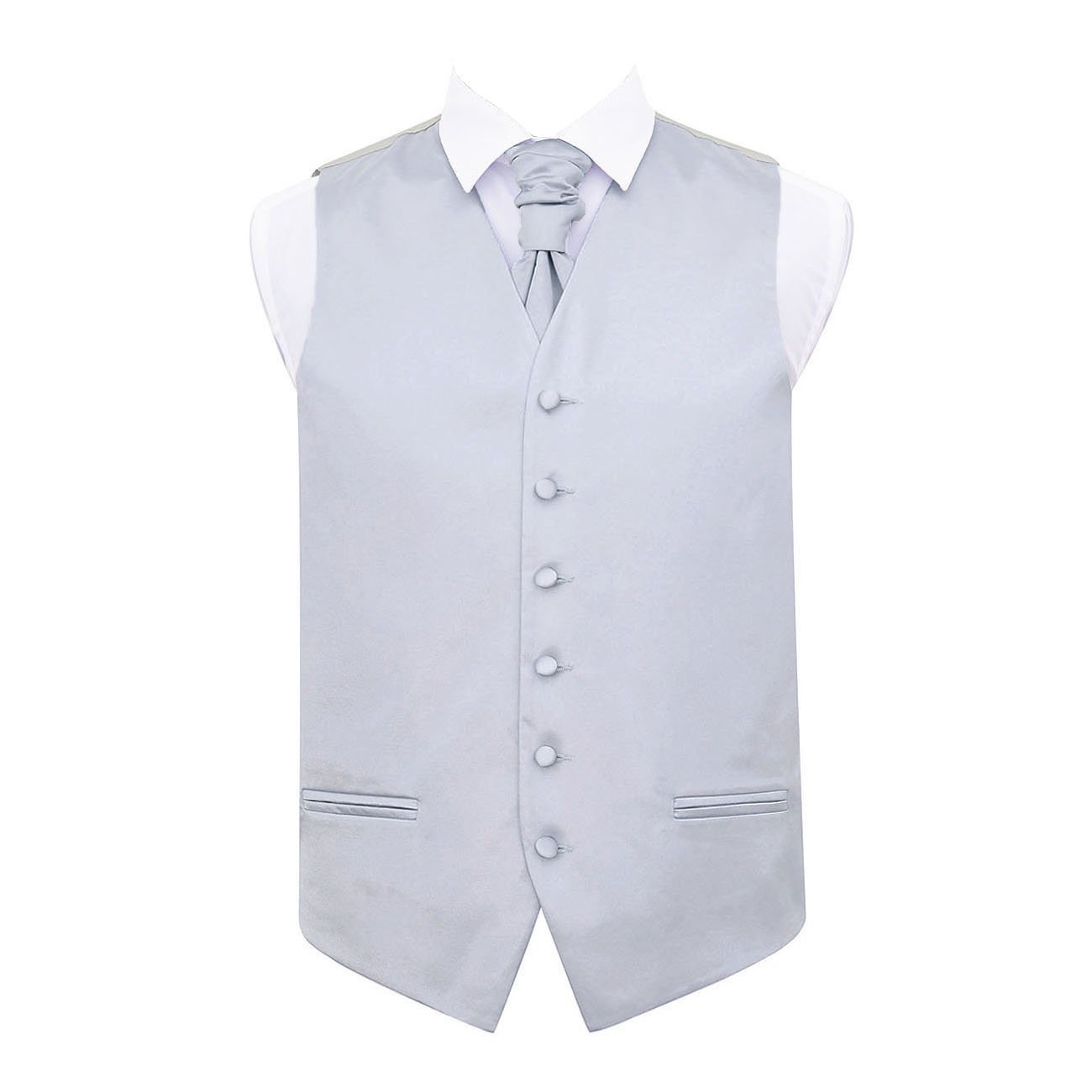 DQT Mens Plain Satin Waistcoat & Pre-Tied Scrunchie Cravat Set (2pc) - Wedding, Business & Formal - Silver 50" (5XL)