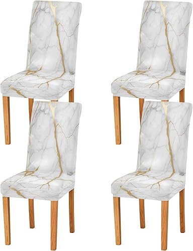 xigua Paquete de 4 fundas para sillas de comedor, con textura de mármol blanco y dorado, elásticas, lavables, extraíbles para cocina, hotel,