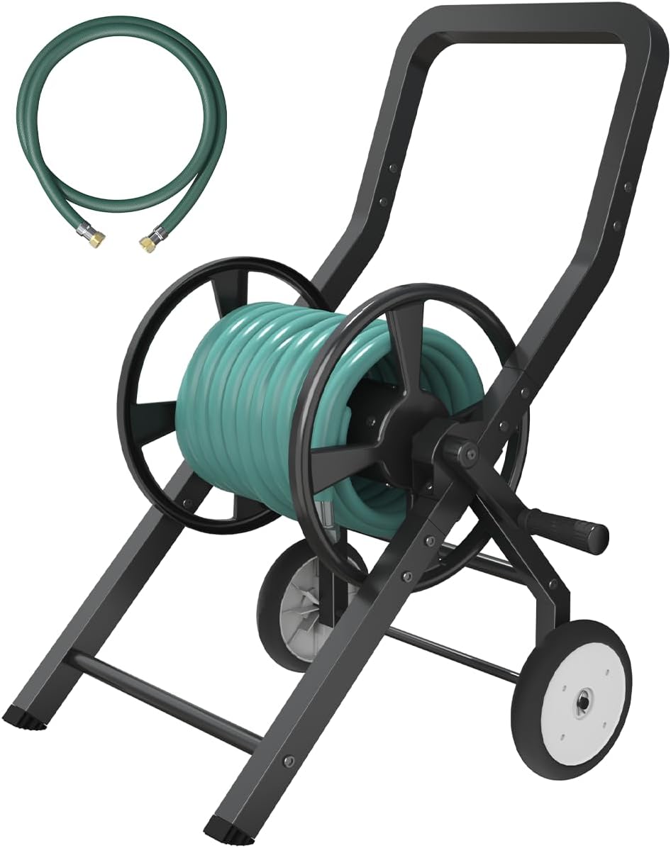 Garden Hose Reel Cart with Wheels, Outdoor Heavy Duty Powder-coated Steel Water Storage Winder Holder, Holds 125 ft of 5/8’’ Hose with 3.9 Ft Leader Hose for Outside Lawn Yard, Black