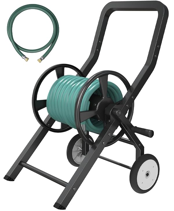 Artigarden Garden Hose Reel Cart with Wheels, Outdoor Heavy Duty Powder-coated Steel Water Storage Winder Holder, Holds 125 ft of 5/8’’ Hose with 3.9 Ft Leader Hose for Outside Lawn Yard, Black by Artigarden - Used condition - US$63.60