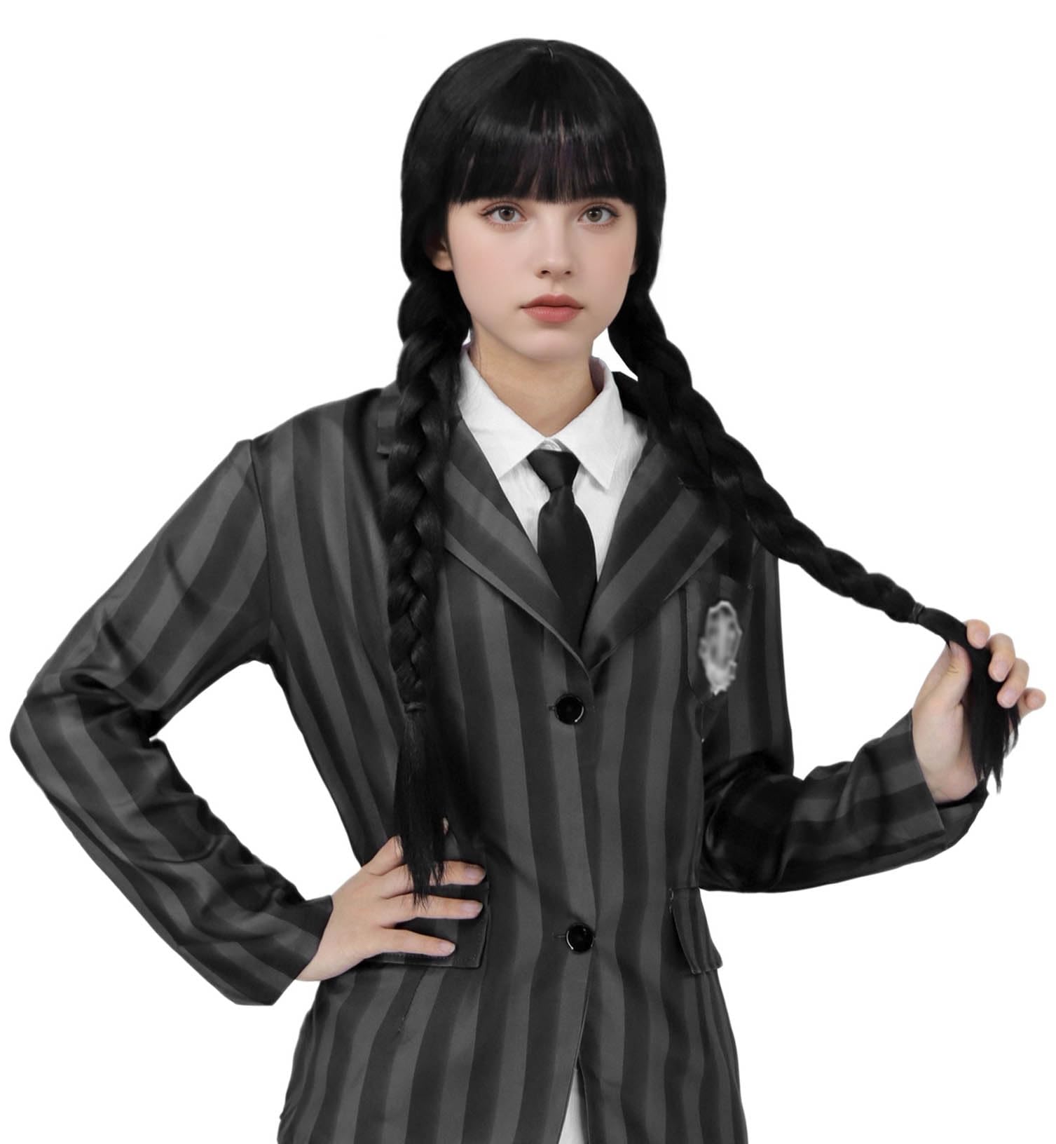 JZ025BK - Pelucas negras trenzadas para disfraz gótico para mujer, linda peluca negra suave con flequillo para disfraz de Halloween Cosplay 5