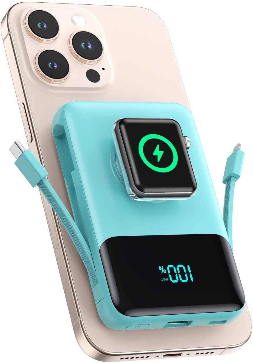 Magnetic Portable Charger for iPhone,6-in-1 10800mAh Power Bank with Built-in Cables,Travel Essential 25W PD Fast Charging USB-C Battery Pack for MagSafe,iPhone 17/16/15/14/13/12,Apple Watch Green
