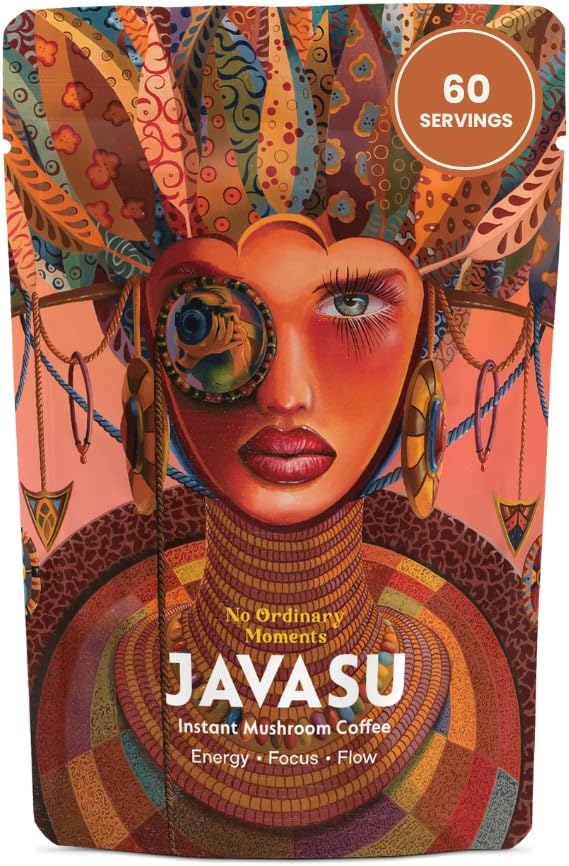 Javasu | No Ordinary Moments | Mushroom Coffee | 60 Servings | Colombian Arabica Instant Coffee with Lion’s Mane, Chaga, Cordyceps, L-Theanine for Natural Energy & Focus | 150g