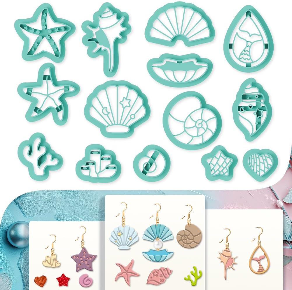 beinkmake 14Pcs Ocean Polymer Clay Cutters Sea Shell Clay Earrings Cutters for Adults Conch Starfish Polymer Jewelry Cutter for Earrings Making Birthday Party DIY Supplies