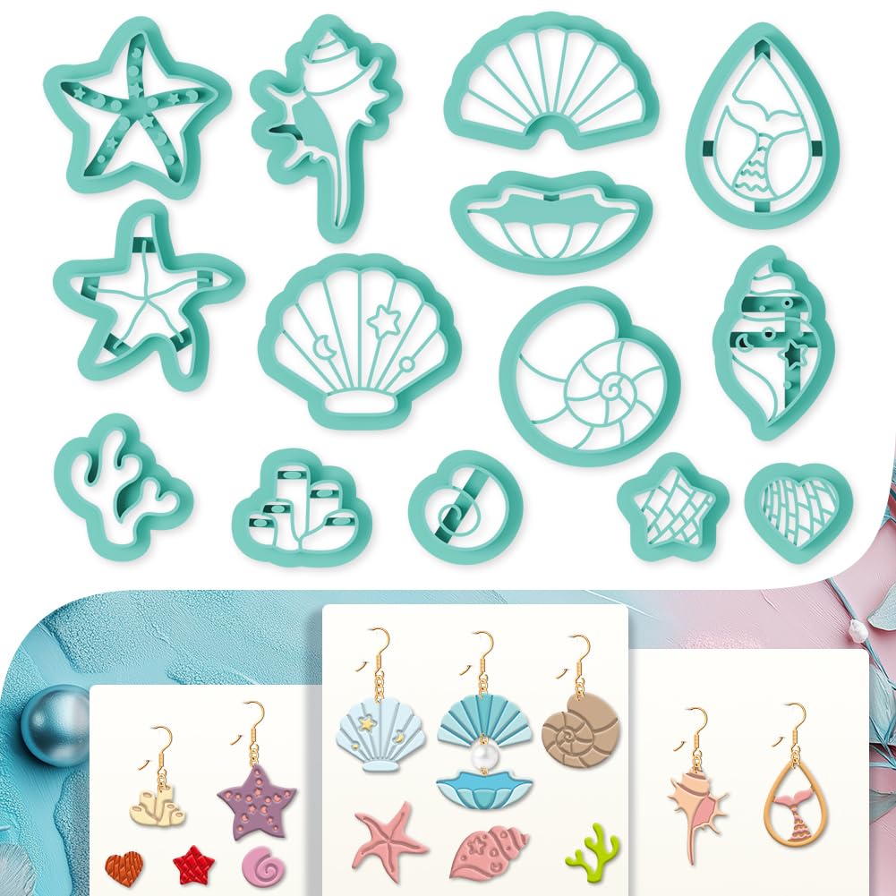 beinkmake 14Pcs Ocean Polymer Clay Cutters Clay Earrings Cutters Sea Shell Conch Starfish Polymer Jewelry Cutter for Earrings Making Birthday Party DIY Supplies