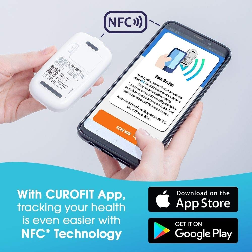 CURO G10 Glucose Home Test Kit : NFC Enabled Connect with CUROfit App on iOS & Android Devices- Blood Sugar Monitor Device, 60 Strips & 60 Lancets!! Completion of Necessary Equipment for Test : Health & Household