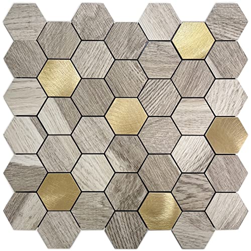 Homeymosaic 10-Sheets Backsplash Peel And Stick Hexagon Tile Stick On Kitchen Fireplace In Light Brown Wood Metal Gold #TOP9