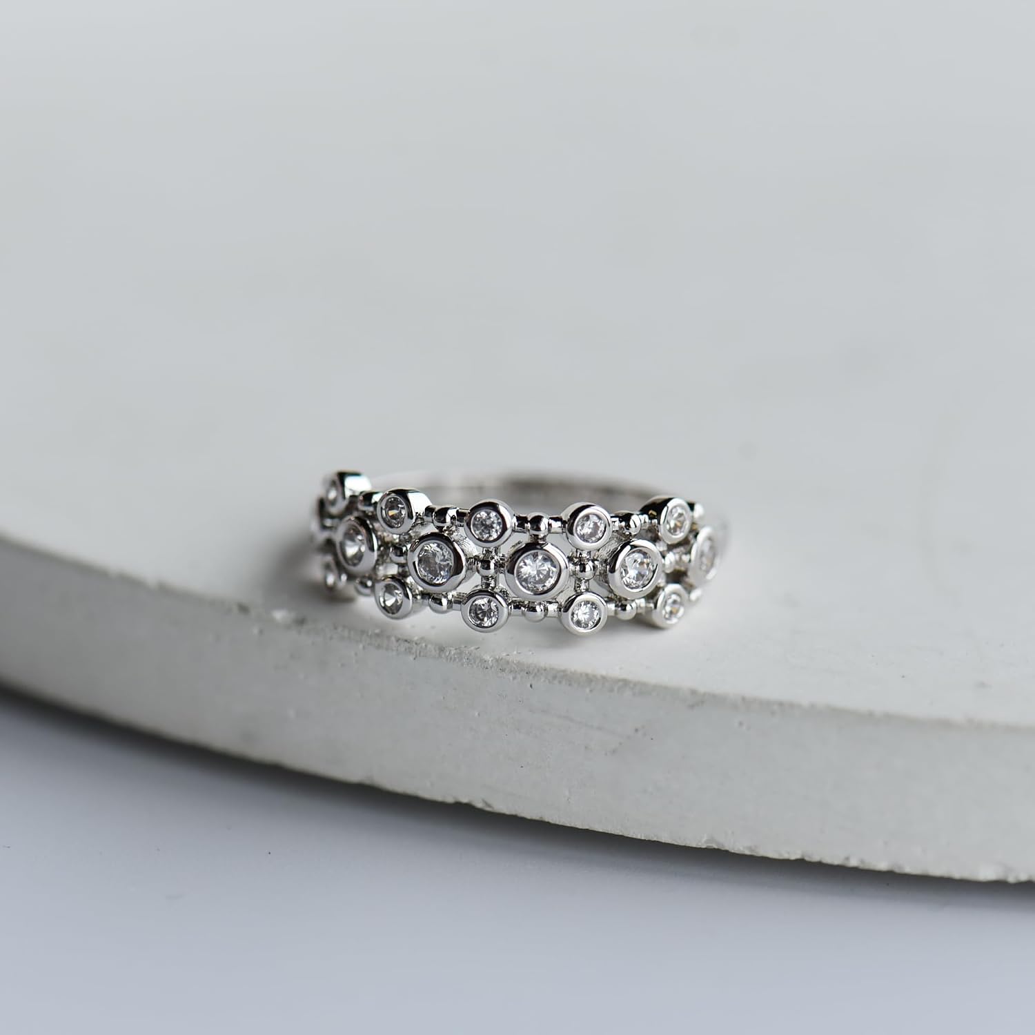 espere Round Cut Bezel-Set Cluster Ring | Bubble Style Band Multi Cubic Zirconia Scattered Wedding Band | 14K Yellow Gold Full Eternity Stackable Band
