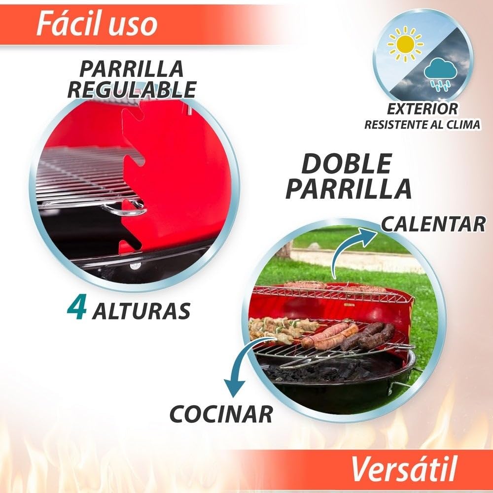 LOLAhome Barbacoa de carbón roja Aire controlado| De Ø58x84cm | Regulable 4 alturas, Doble parrilla Cocinar y Calentar, fácil montaje, fácil guardado | Para 8 comensales | Barbacoa jardín