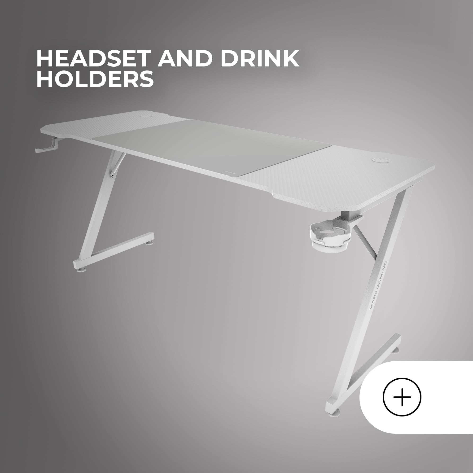 Mars Gaming MGD-X160, Bureau Gaming Ergonomique, Surface en Fibre de Carbone, Structure Métallique, Tapis de Souris XXL, Supports Casque et Boissons, Gestion des Câbles, Bureau Gaming 160x60cm, Blanc