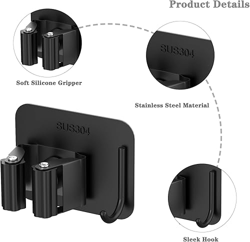 Miniatura 5 de Didbynm Paquete de 4 soportes para escobas de montaje en pared, sin taladro, agarrador de escoba de fregona de acero inoxidable con gancho para