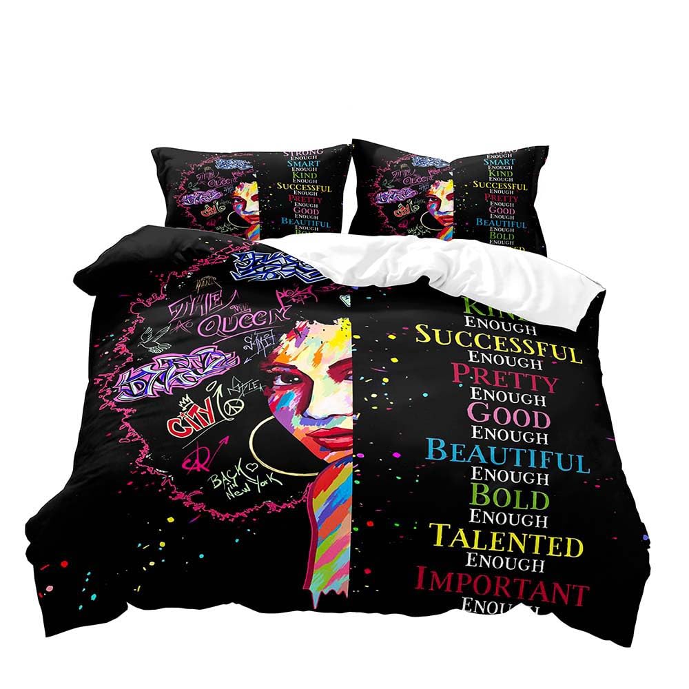 LUVIVIHOME 3PCS Black Duvet Cover Queen Bedding Sets, I Am Enough African American Black Girl Magic Afro Black Art Colorful Graffiti Comforter Quilt Cover, Inspirational Gifts for Women 2 Pillow Cases