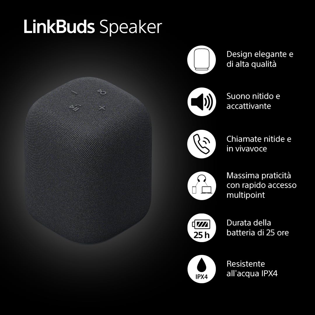 Sony LinkBuds Speaker – Altoparlante Portatile Wireless Bluetooth, IPX4, resistente all'acqua, batteria da 25 ore, qualità delle chiamate nitide, per esterni, da viaggio - Black
