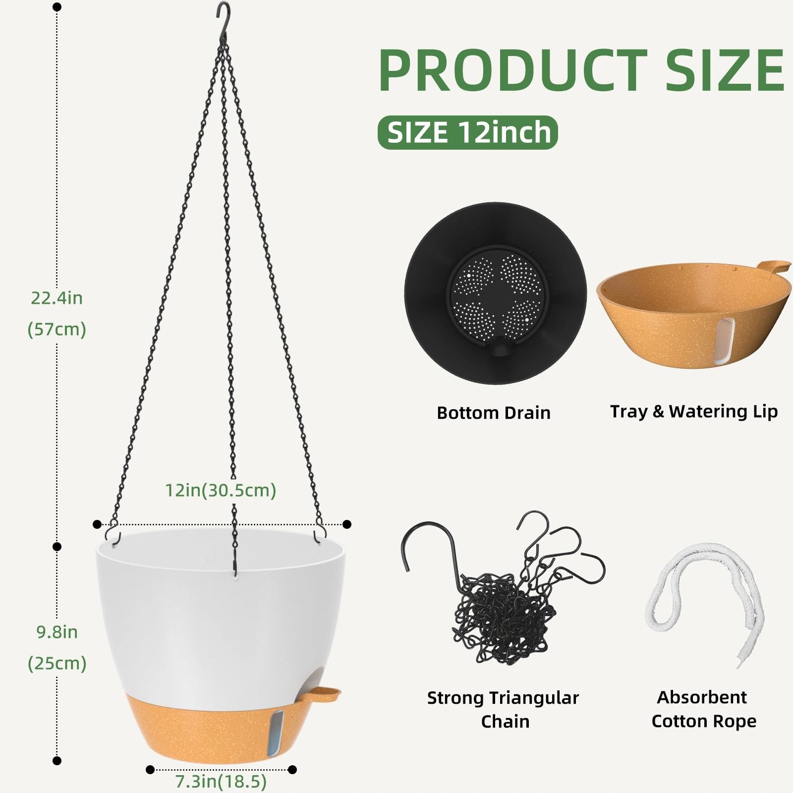 ZMTECH Pot de fleurs suspendu de 30,5 cm pour intérieur et extérieur – Pots de fleurs en plastique à arrosage automatique avec trous de drainage et soucoupe amovible (blanc)