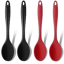 GEEKHOM Silicone Cooking Spoons, 4 Pieces 8 Heat Resistant Silicone Kitchen Utensils Set Serving Stirring Spoons for Non Stick Cooking, Mixing, Basting, Baking, Black+Red