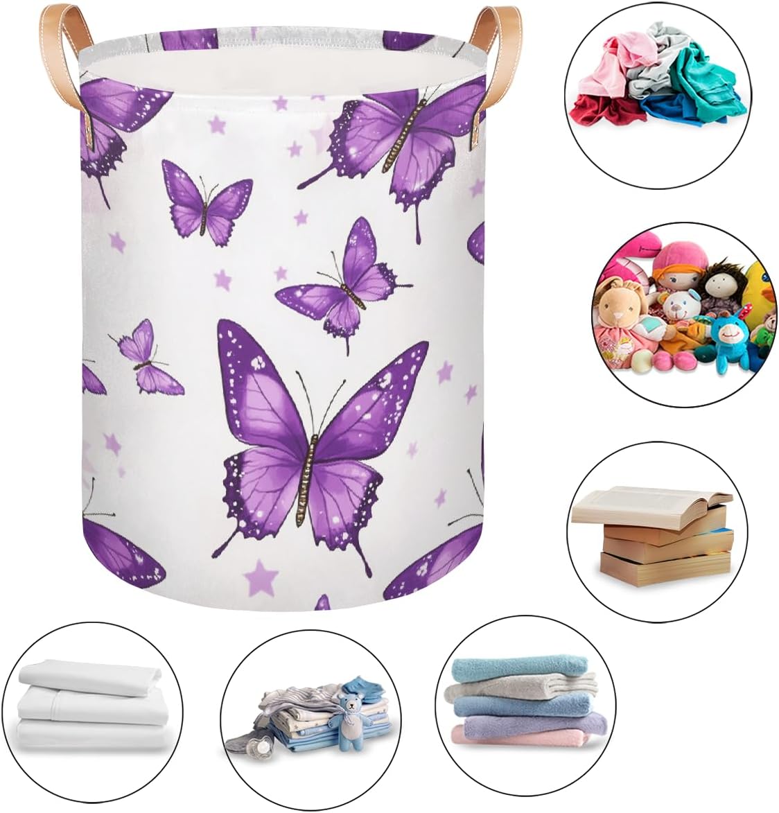 Purple Butterflies Stars Laundry Baskets, Canvas Fabric Laundry Hamper with Leather Handle, Collapsible Toy Storage Organizer Basket for Bedroom Dorms, 80L