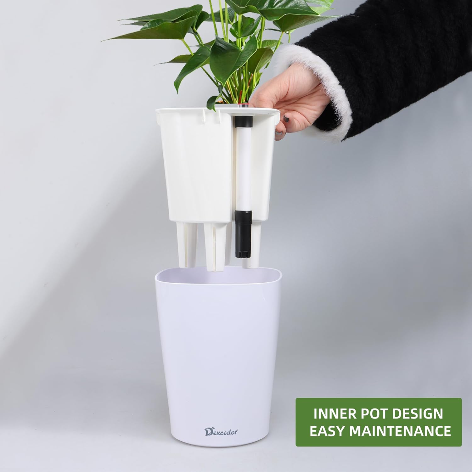 Dexceder 9x8 & 6x7 Self Watering Planter Indoor Outdoor, Inner Pot Design, Table Flower Plant Pot with Water Level Indicator (White High Gloss)