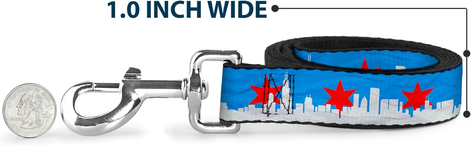 Dog Leash Chicago Skyline Flag Distressed Black White Red 6 Feet Long 1.0 Inch Wide