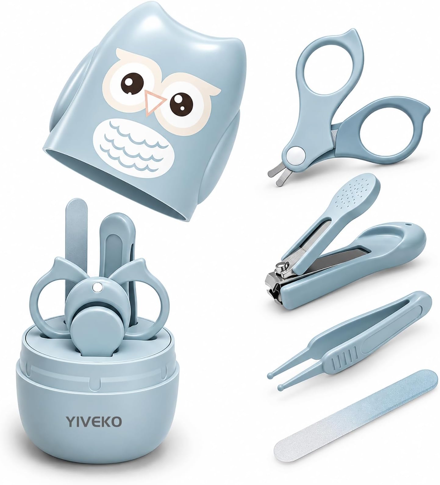 Baby Nail Kit, 4-in-1 Baby Nail Care Set with Cute Case, Baby Nail Clipper, Scissor, Nail File & Tweezer, Baby Manicure Kit and Pedicure kit for Newborn, Infant, Toddler, Kids-Owl Blue