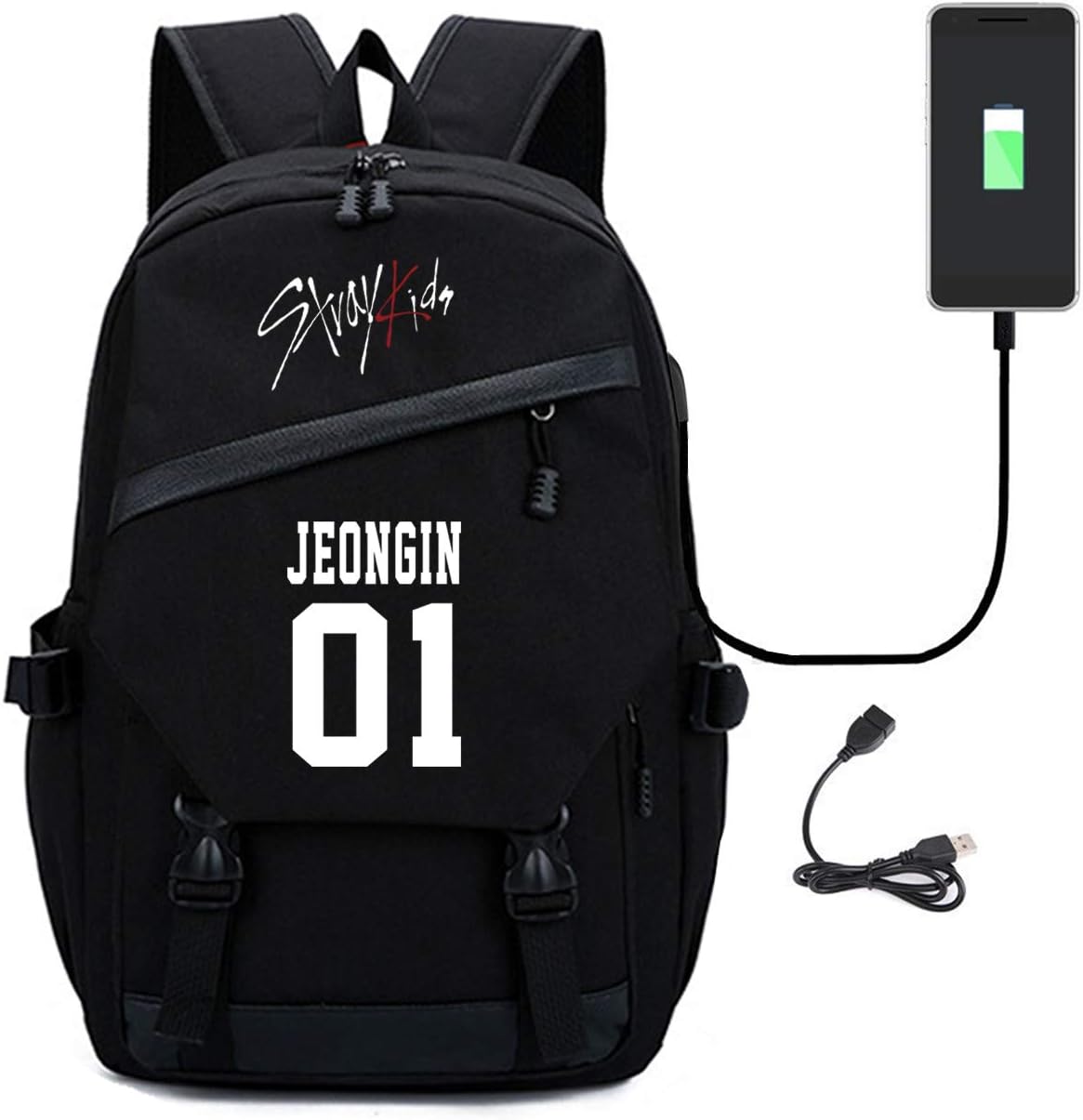 Skz Canvas Backpack with USB Charging Port Jisung Woojin Felix Bangchan Minho and Seungmin Knapsack