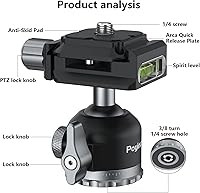 Vista 2 de Trípode mini cabeza de bola panorámica giratoria de 360 grados con placa de zapata rápida de tornillo de 1/4 pulgadas, para trípode monopié