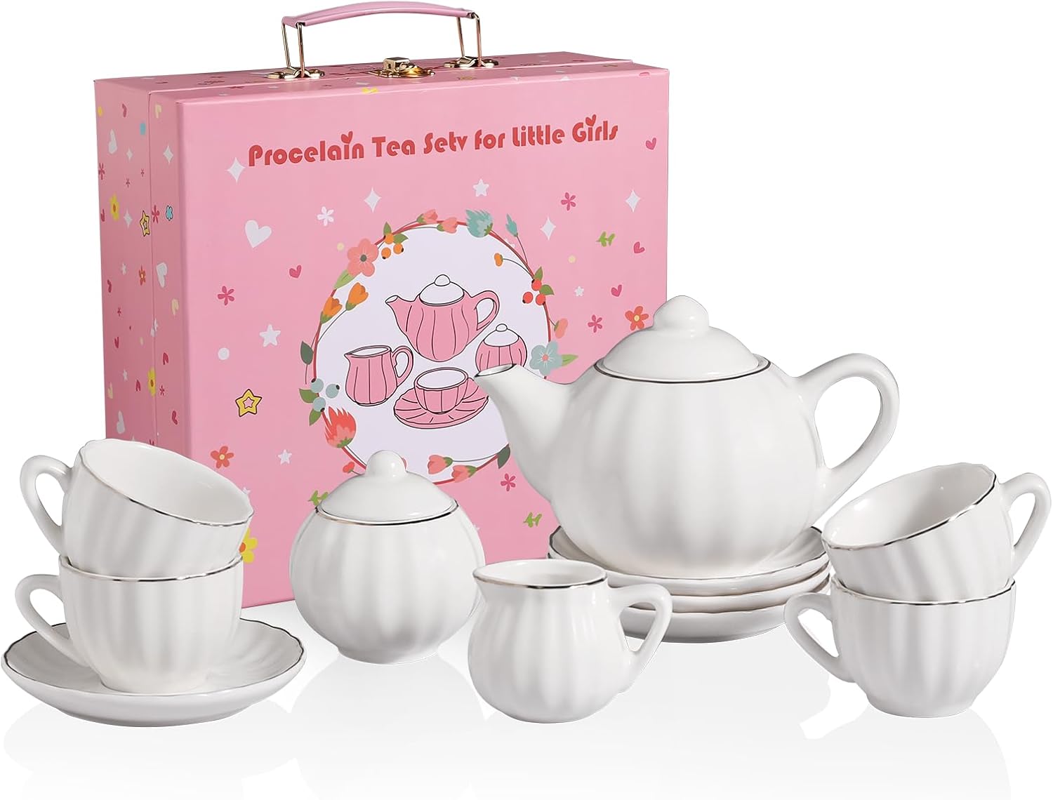 Sweejar Porcelain Toy Tea Sets British Royal Series, Vintage Style Tea Set for Children, Cups & Saucer Service for 4, with Teapot, Sugar Bowl and Cream Pitcher(White)