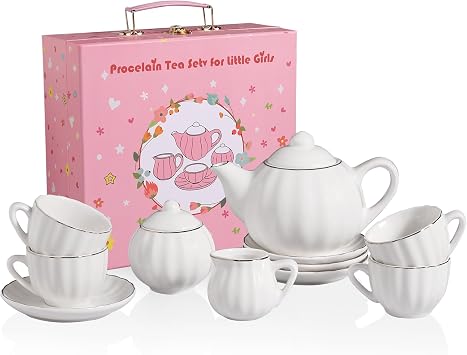 Sweejar Porcelain Toy Tea Sets British Royal Series, Vintage Style Tea Set for Children, Cups & Saucer Service for 4, with Teapot, Sugar Bowl and Cream PitcherWhite