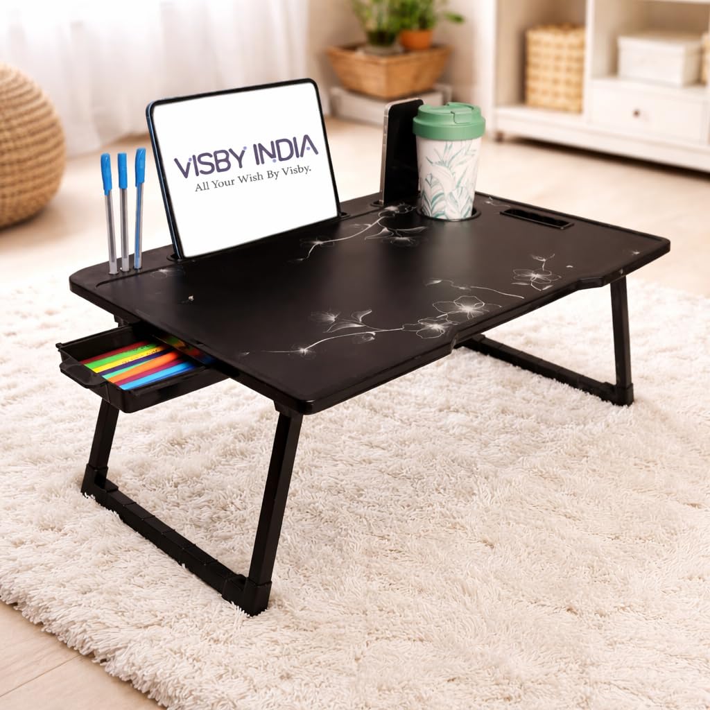 Foldable Wooden Mini Laptop Table for Bed, Study Table with Drawer, Tablet/Mobile Holder for Kids & Adults(COTTED Flower)