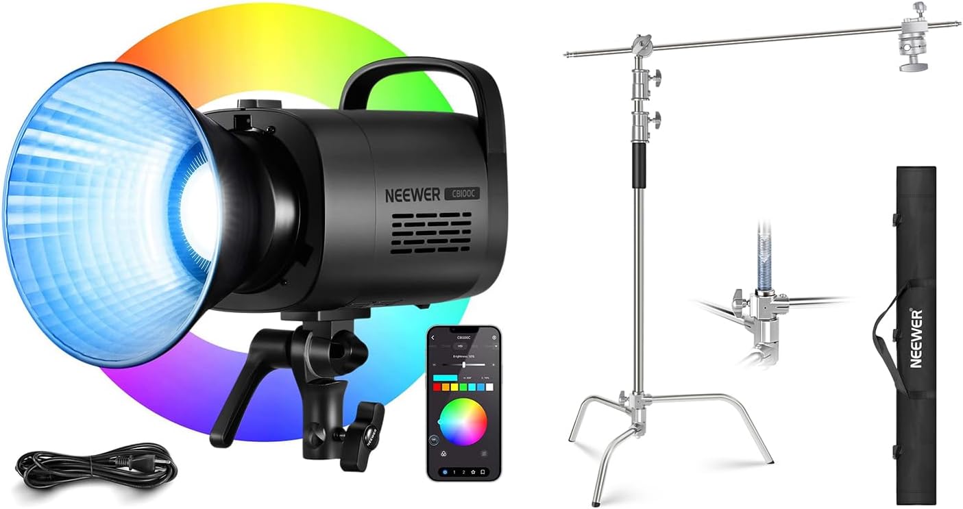 NEEWER CB100C 130w RGB LED Video Light, 360° Full Color 2700K-6500K 27000lux/m COB Bowens Mount Silent Continuous Output Lighting TLCI/CRI97+ for Video Recording Photography, 10ft/3m C Stand Included