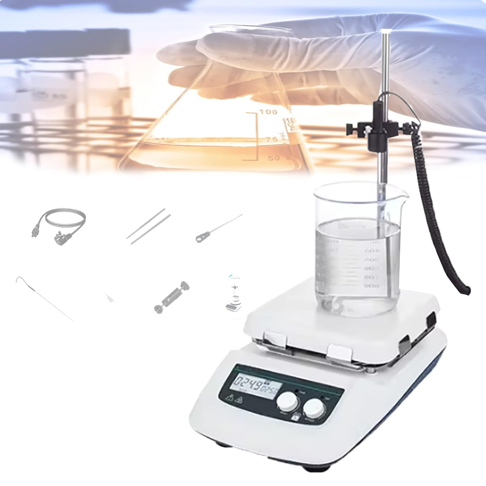 Piastra Riscaldante Con Agitatore Magnetico,Display Digitale+Manopole,Con Piastra In Vetroceramica Da 7,2",100-1500Giri/Min,Agitatore Magnetico Da 20Litri,Con Supporto,Sonda Di Temperatura