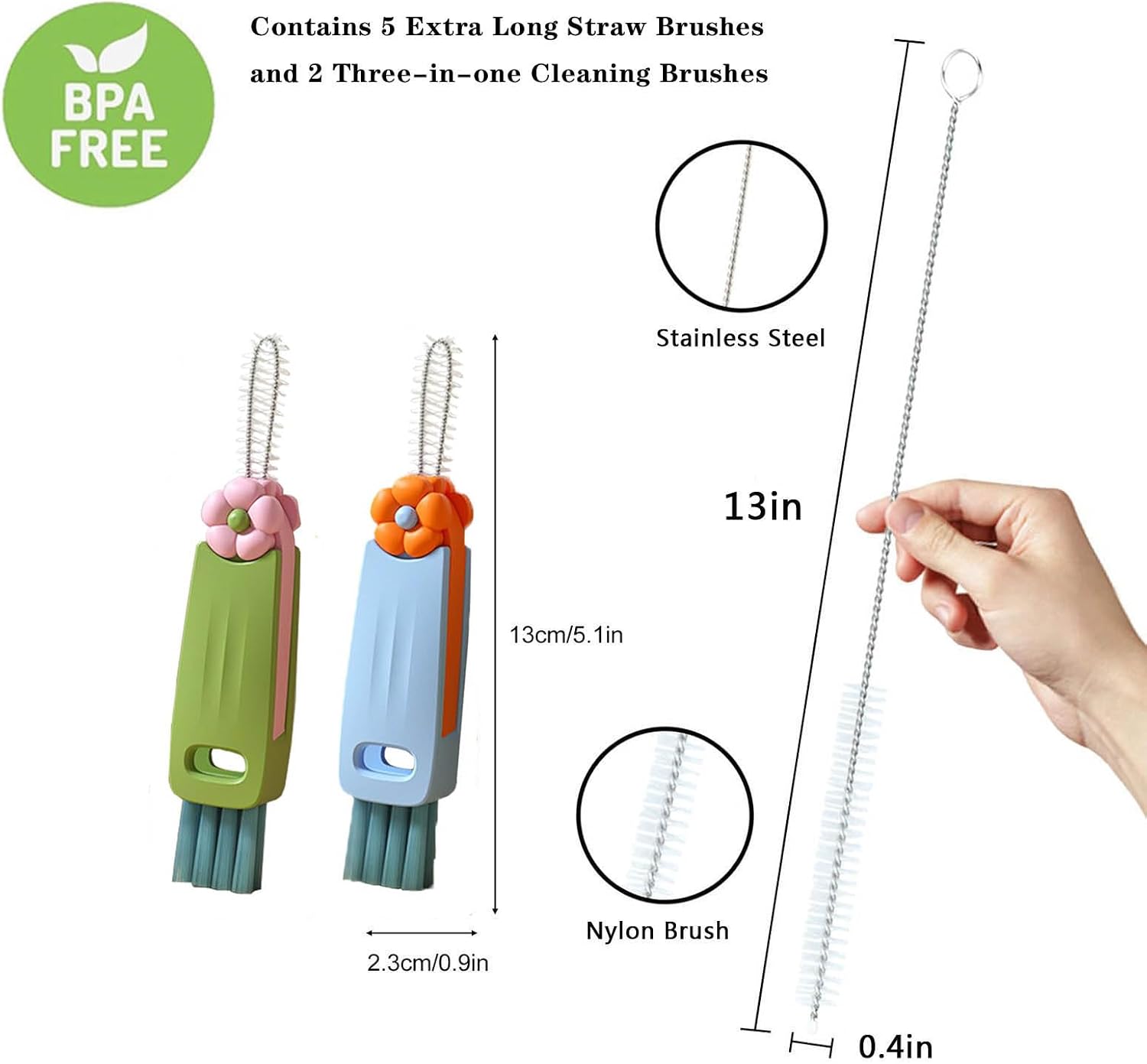 Straw Cleaner Brush Extra Long 13 inch Set for Stanley Owala Water Bottle 40 oz 32 oz 30 oz Tumble Cup Accessories Straw Brush with 3 in 1 Cup Lid Cleaning Brush (Green,Blue)