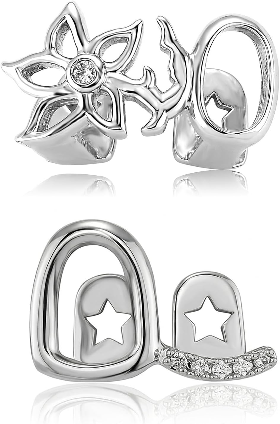 2pcs Teeth Grillz with Star Flower Design, Customizable Teeth Jewelry with Zircon Accents, Hip Hop Mouth Dental Grills for Men Women,Perfect for Parties Gold Silver