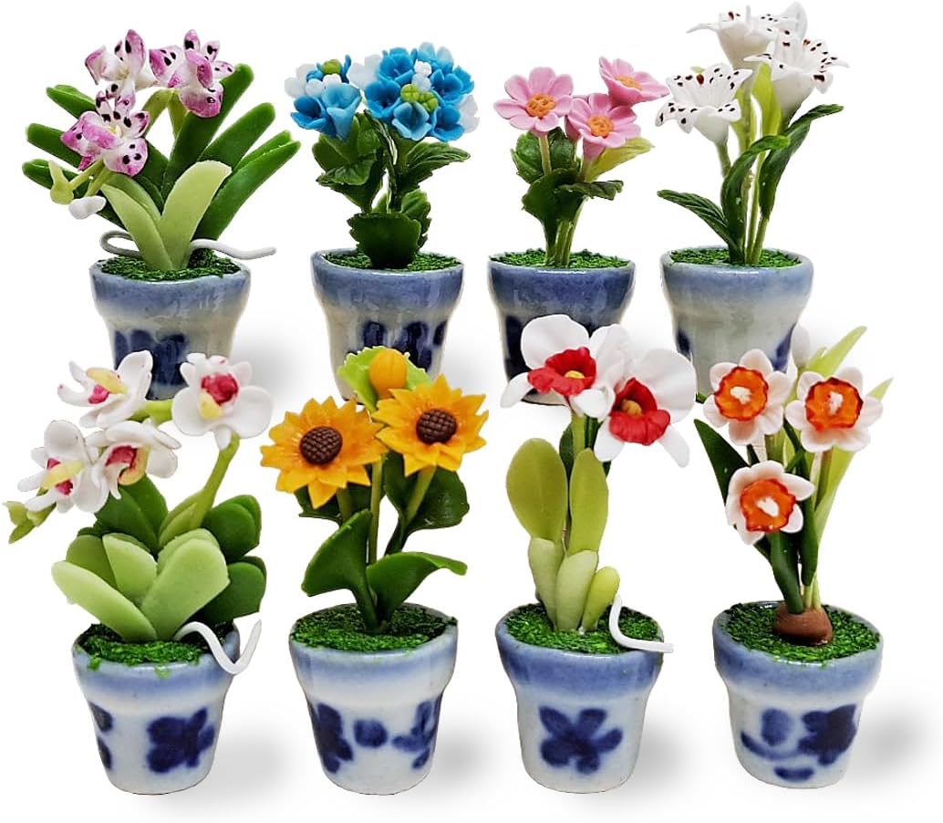 WitnyStore Tiny 2" High 8 Pieces Set Mix Hand Made Artificial Flowers Realistic Colorful Miniature Modelling Clay Flower Pots Brilliant Variety of Imitation House Plant Species Home Decoration