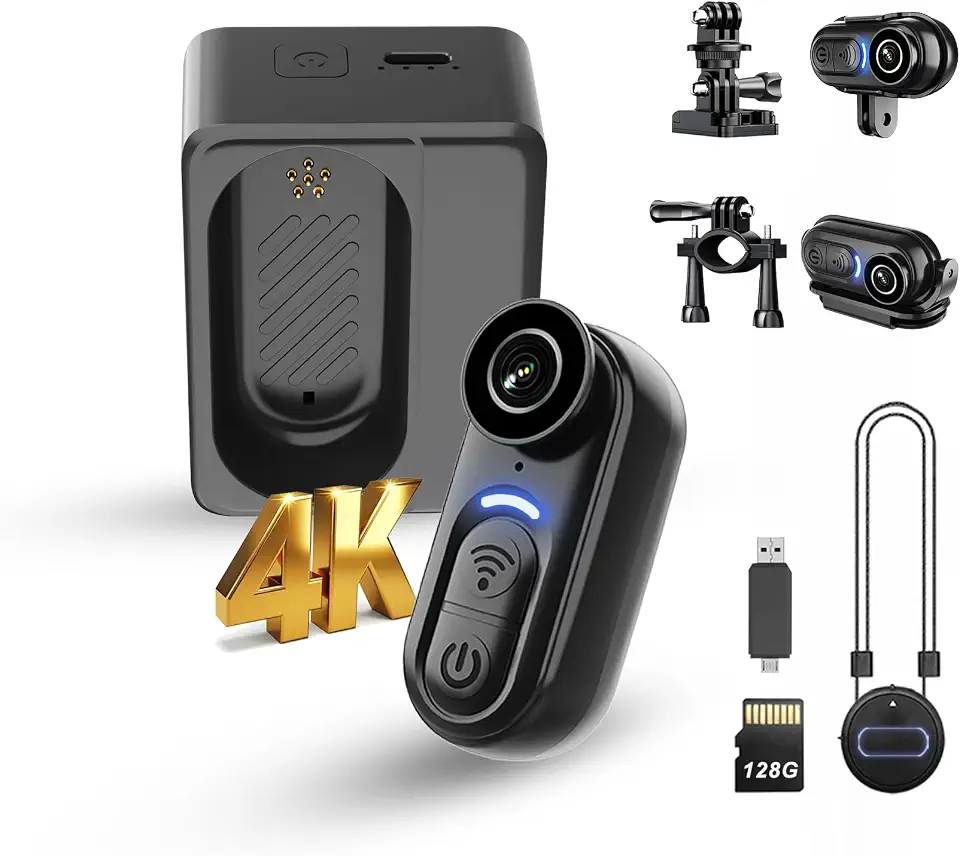 Minicâmera de ação 4K com gravação de áudio e vídeo - 128 G tamanho do polegar câmeras usadas com mãos livres - Filmadora portátil vestível para trabalho, viagens, passeios, animais de estimação, vlog