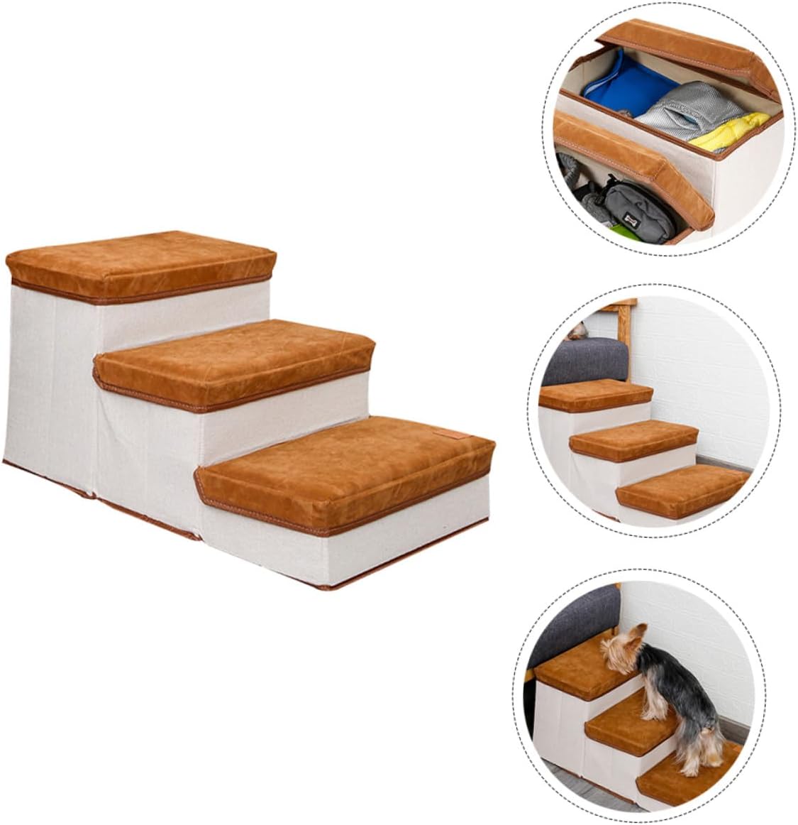 Foldable Three-Step Pet Ladder Ramp with Non-Slip Steps for Small Dogs and Cats Indoor Climbing Staircase Brown