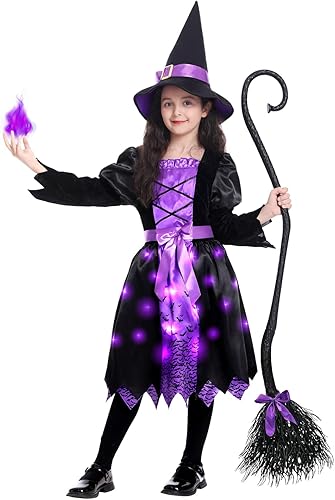 Disfraz de bruja de Halloween iluminado para niñas, conjunto de vestido de bruja con sombrero y escoba para fiestas de juegos de rol para niños