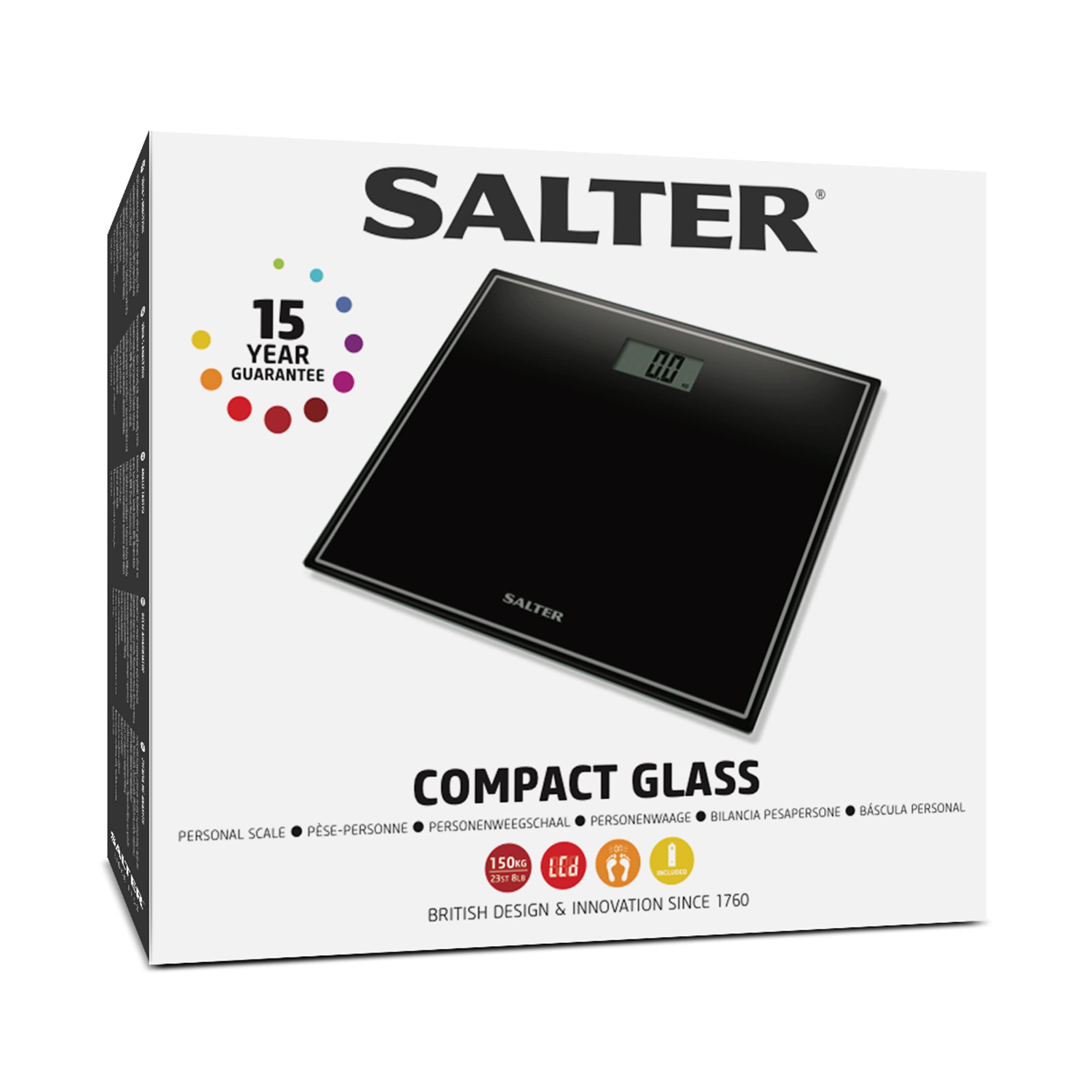 Salter 9207 BK3R Kompaktowa elektroniczna waga lazienkowa, czytelny wyswietlacz, aktywacja stopa, wzmocniona platforma ze szkla bezpiecznego, zakres do 150 kg/330 funtów, 15-letnia gwarancja, czarna