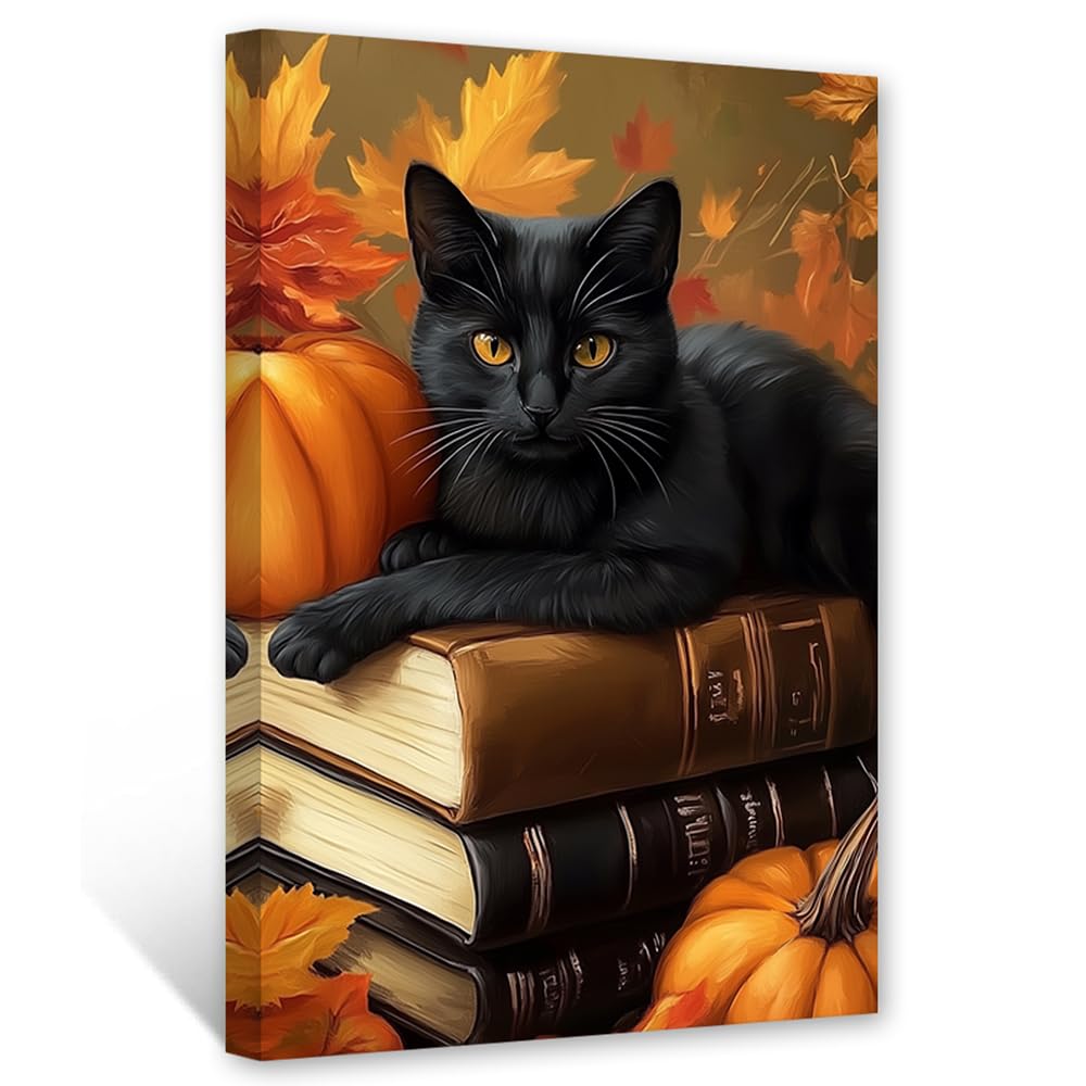 CXHOSTENT Fall Cat Wall Art Autumn Canvas Prints Black Cat Picture Rustic Animal Painting Print Thanksgiving Halloween Living Room Decor Framed (30.00 x 45.00 cms)