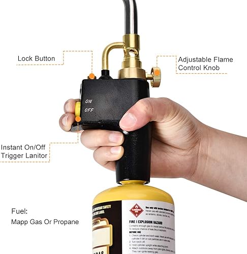 Miniatura 2 de SEAAN Cabezal de antorcha de propano con 3 boquillas, mapa de arranque de gatillo/mapa de gas propano con encendedor de botón, cabezal de soplete de