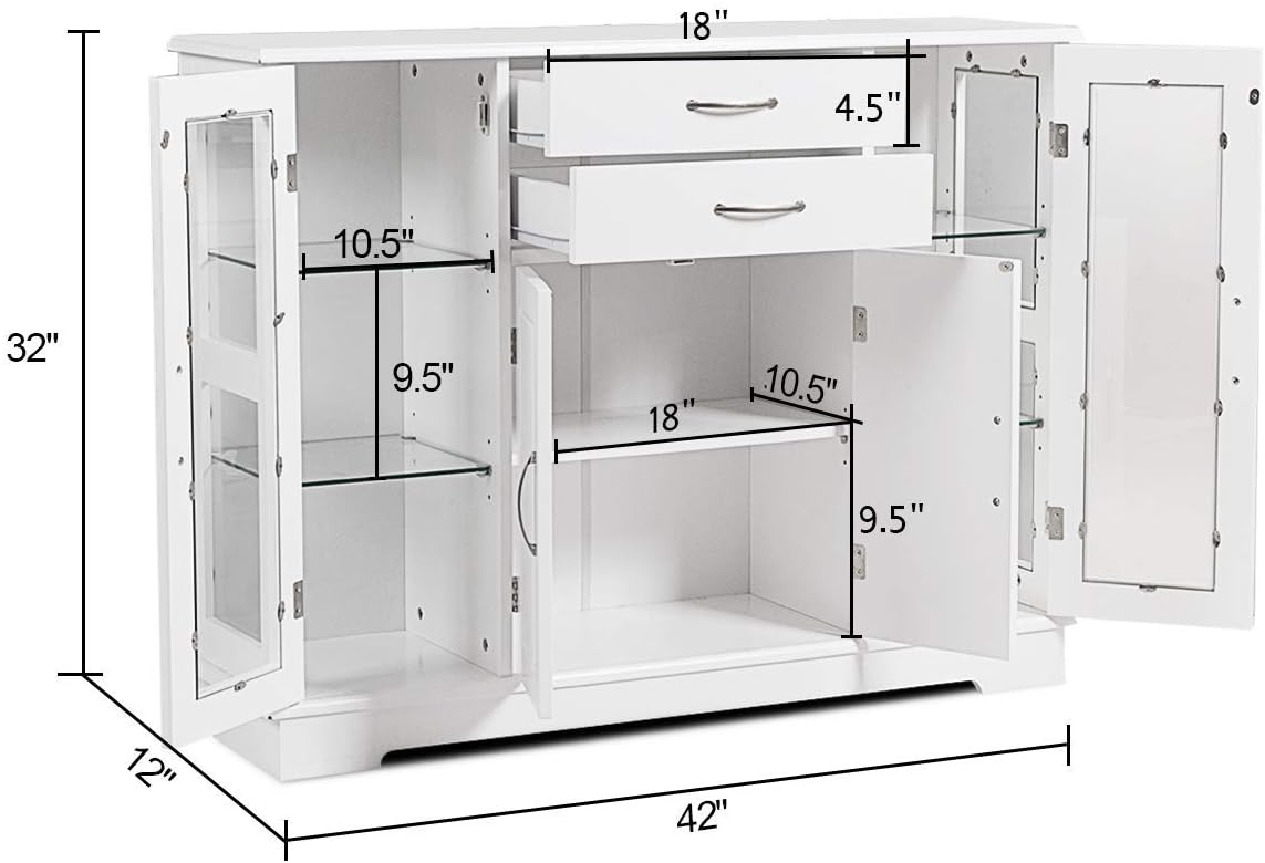 Giantex Sideboard Buffet Server Storage Cabinet W/ 2 Drawers, 3 Cabinets and Glass Doors for Kitchen Dining Room Furniture Cupboard Console Table (White)
