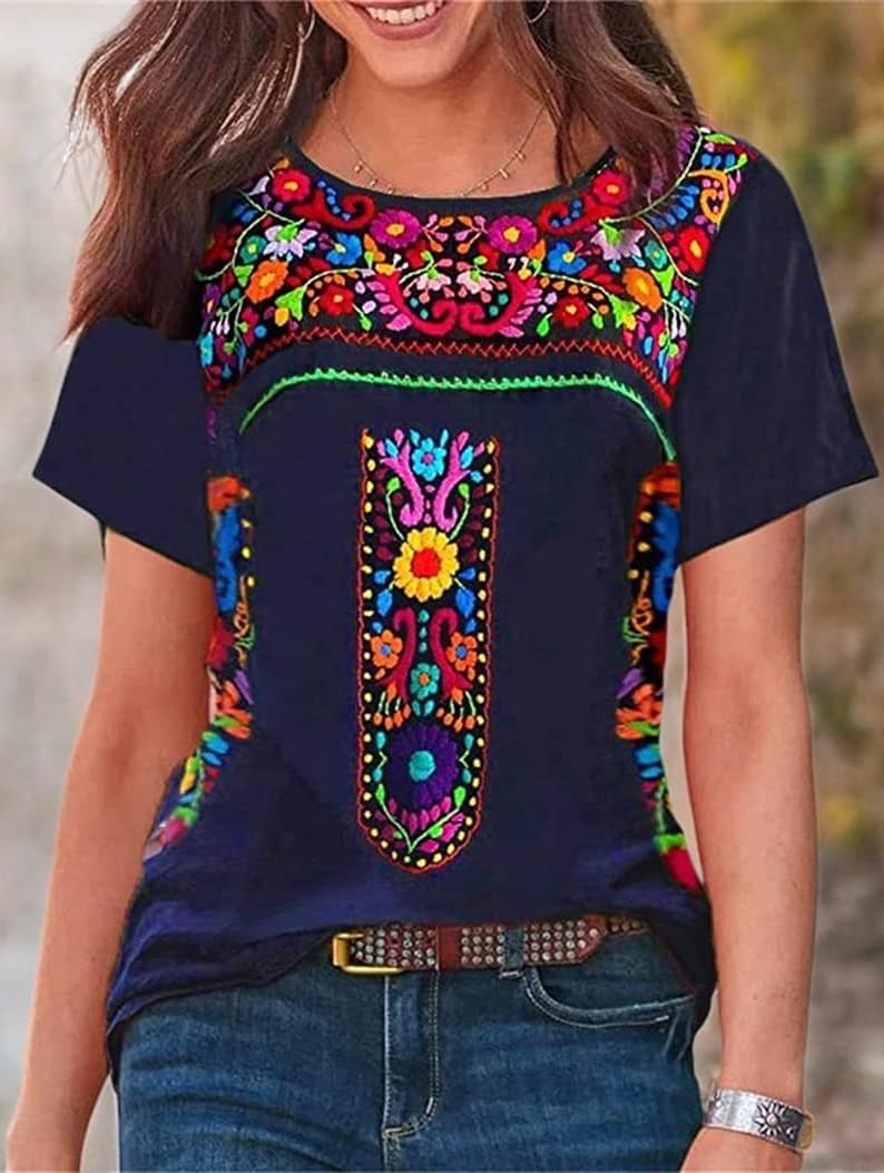 Womens Mexican Embroidered Tops Short Sleeve Fiesta Shirts Floral Peasant Blouses - Image 2
