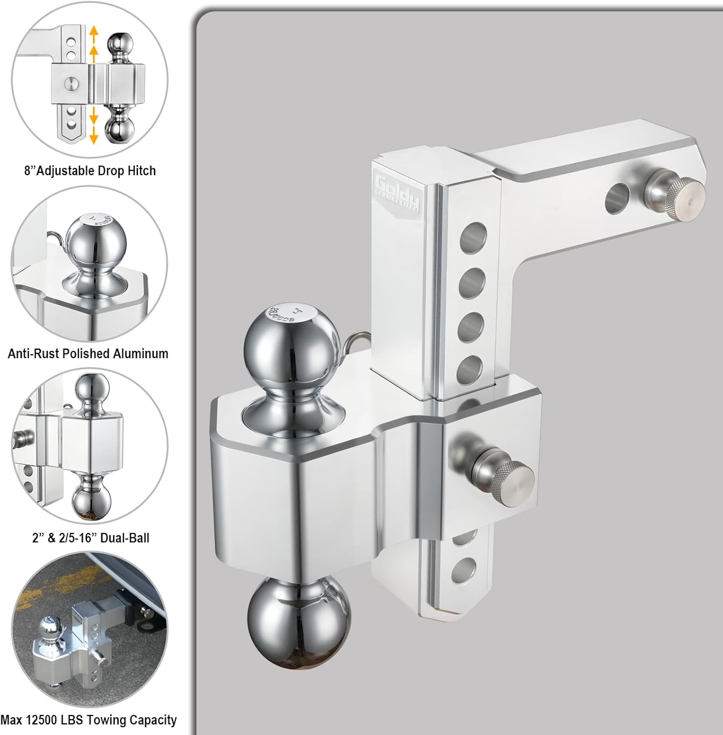 Adjustable Trailer Hitch Ball Mount, 8-Inch Drop/Rise, Fits 2-Inch Receiver, 2'' & 2-5/16'' Combo Tow Balls Heavy Duty Aluminum with Double Stainless Steel Pins and 3 Silencer Pads