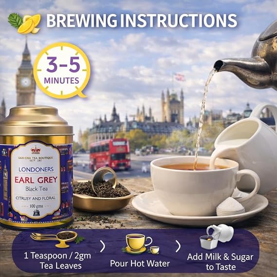 Sancha Tea Boutique Londoners Earl Grey Tea | 100g Loose Leaf Golden Orange Pekoe | Blend of Darjeeling Tea with Bergamot Fruit | Floral Citrus Notes