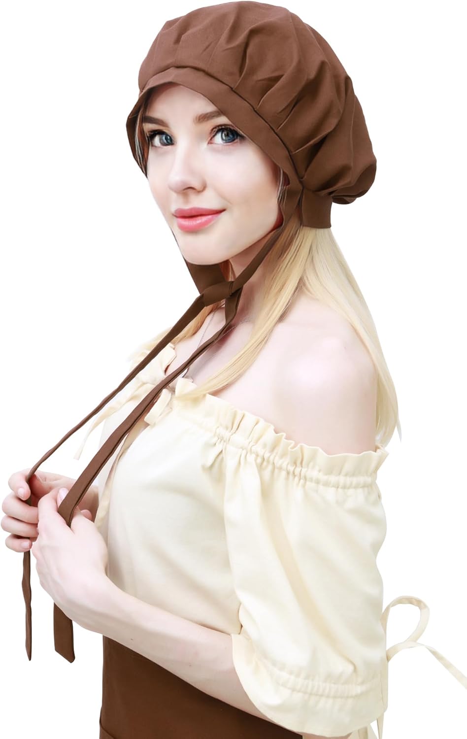 KUOIN Medieval Bonnet Linen Colonial Hat Renaisance Fest Costume Accessories Brown - Image 4