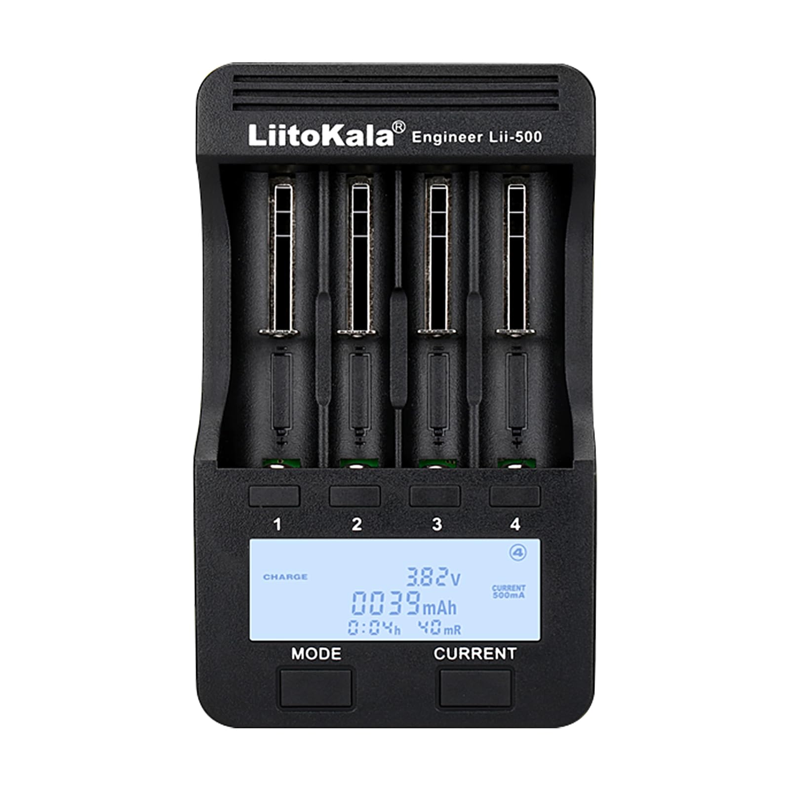 LiitoKala Lii-500 Chargeur de Batterie avec écran LCD, Sortie USB 5V Mobile, pour 26650 18650 14550 Li-Lion(4.2V) AA AAA Ni-MH(1.48V), Adaptateur d'alimentation 12V2A Dédié, 4 Emplacements