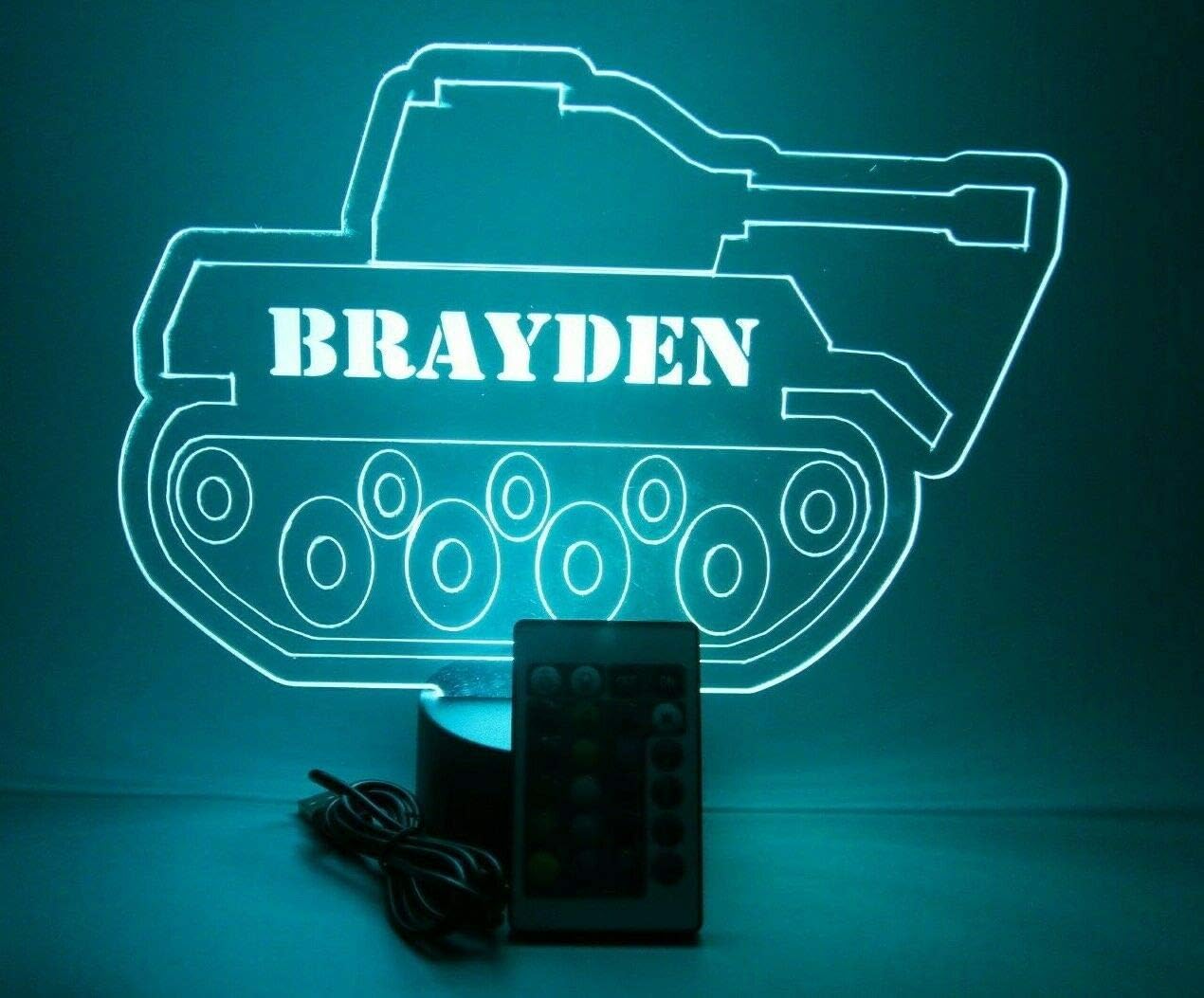 Armored Combat Battle Tank Military Fighting Vehicle Night Light Up LED Free Engraved Custom Name Personalized Table Lamp Room Decor, With Remote, 16 Color Options, Dimmer, It's WOW, Great Gift