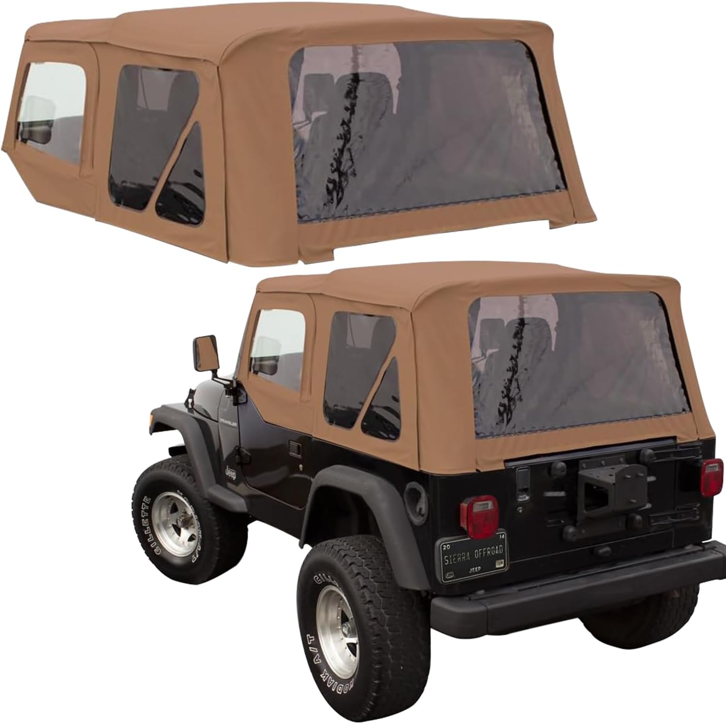 Sierra Offroad Soft Top for 1997 to 2006 Jeep Wrangler TJ - Saddle, Sailcloth Vinyl - 2 Door Jeep Soft Top with Rear Plastic Tinted Windows - Factory Precision Fit Replacement - With Upper Door Skins