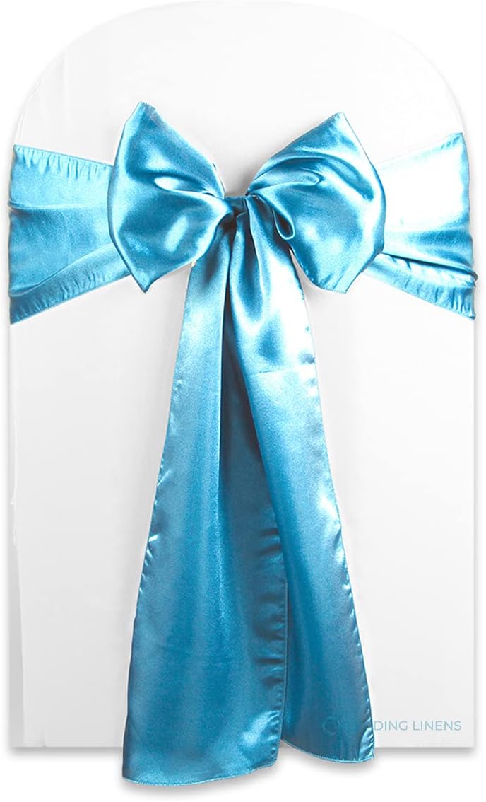 Satin Bow Sash Chair Cover Decoration - Elegant Sashes for Weddings, Banquets, Receptions, Special Events, Restaurants, and Parties - 28 Available Color Choices, Set of 10, Aqua Blue